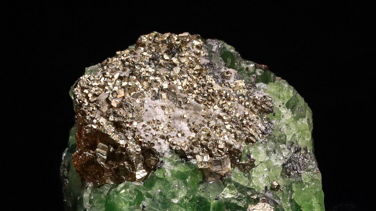 Close view of the crown of golden pyrite on the Crowned Fluorite Torch